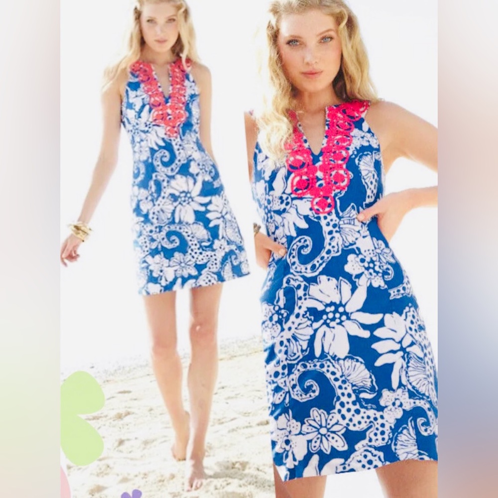 Lilly Pulitzer Augusta Shift Dress Blue & coral sz 2 - Picture 10 of 11